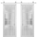 Sturdy Double Barn Door with Clear Frosted 12 lites with Frosted Glass | Felicia 3312 Matte White | 13FT Rail Hangers Heavy Set | Solid Panel Interior Doors White