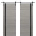 Sturdy Double Barn Door with | Planum 0040 Grey Oak with Black Glass | 13FT Rail Hangers Heavy Set | Solid Panel Interior Doors-84" x 80" (2* 42x80) Grey Oak
