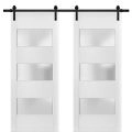 Sturdy Double Barn Door with 2 lites | Lucia 4070 White Silk with Frosted Glass | 13FT Rail Hangers Heavy Set | Solid Panel Interior Doors White