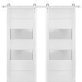 Sturdy Double Barn Door with 2 lites | Lucia 4010 White Silk with Frosted Glass | 13FT Steinless Steel Rail Hangers Heavy Set | Solid Panel Interior Doors White