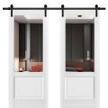 Sturdy Double Barn Door with | Lucia 1533 White Silk with Clear Glass | 13FT Rail Hangers Heavy Set | Solid Panel Interior Doors White