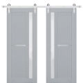 Sturdy Double Barn Door | Veregio 7588 Cognac Oak with Black Glass | Silver 13FT Rail Hangers Heavy Set | Solid Panel Interior Doors Matte Grey