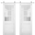 Sturdy Double Barn Door | Veregio 7339 White Silk with Frosted Glass | Silver 13FT Rail Hangers Heavy Set | Solid Panel Interior Doors White