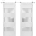 Sturdy Double Barn Door with 2 lites | Lucia 4070 White Silk with Frosted Glass | 13FT Steinless Steel Rail Hangers Heavy Set | Solid Panel Interior Doors White