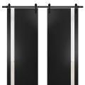 Sturdy Double Barn Door with | Planum 0040 Grey Oak with Black Glass | 13FT Rail Hangers Heavy Set | Solid Panel Interior Doors-84" x 80" (2* 42x80) Black Matte
