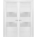 Solid French Double Doors 2 lites | Lucia 4010 White Silk with Frosted Glass | Wood Solid Panel Frame Trims | Closet Bedroom Sturdy Doors  White