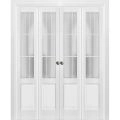 Sliding Closet Double Bi-fold Doors | Felicia 3309 White Silk with Frosted Glass | Sturdy Tracks Moldings Trims Hardware Set | Wood Solid Bedroom Wardrobe Doors  White