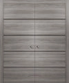 Modern Double Pocket Doors | Planum 0015 Matte Grey and Aluminum Strips | Kit Trims Rail Hardware | Solid Wood Interior Bedroom Sliding Closet Sturdy Door-36" x 96" (2* 18x96) Ginger Ash