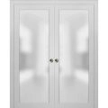 Sliding French Double Pocket Doors | Planum 2102 White Silk with Frosted Glass | Kit Trims Rail Hardware | Solid Wood Interior Bedroom Sturdy Doors White
