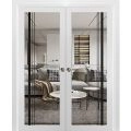 Sliding Double Pocket Door | Lucia 2566 White Silk with Clear Glass and Aluminum Strips | Kit Trims Rail Hardware | Solid Wood Interior Bedroom Bathroom Closet Sturdy Doors White