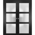 French Double Pocket Doors | Lucia 2552 White Silk with Frosted Glass | Kit Trims Rail Hardware | Solid Wood Interior Pantry Kitchen Bedroom Sliding Closet Sturdy Door  Black Matte