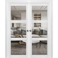 Sliding French Double Pocket Doors Clear Glass 3 Lites | Lucia 2555 White Silk | Kit Trims Rail Hardware | Solid Wood Interior Bedroom Sturdy Doors -48" x 84" (2* 24x84) White