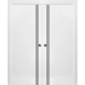 Modern Double Pocket Doors | Planum 0016 Concrete and Aluminum Strips | Kit Trims Rail Hardware | Solid Wood Interior Bedroom Sliding Closet Sturdy Door White