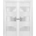 Sliding French Double Pocket Doors 3 Lites | Lucia 4070 White Silk with Frosted Glass | Kit Trims Rail Hardware | Solid Wood Interior Bedroom Sturdy Doors White