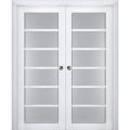 Sliding French Double Pocket Doors | Veregio 7602 Antracite with Frosted Glass | Kit Trims Rail Hardware | Solid Wood Interior Bedroom Sturdy Doors White