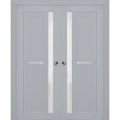 Sliding French Double Pocket Doors with Frosted Glass | Veregio 7288 Matte Grey | Kit Trims Rail Hardware | Solid Wood Interior Bedroom Sturdy Doors-36" x 96" (2* 18x96) Matte Grey