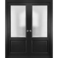 French Double Pocket Doors | Lucia 22 White Silk with Frosted Opaque Glass | Kit Trims Rail Hardware | Solid Wood Interior Pantry Kitchen Bedroom Sliding Closet Sturdy Door-48" x 80" (2* 24x80) Black Matte