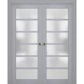 Sliding French Double Pocket Doors | Veregio 7602 Antracite with Frosted Glass | Kit Trims Rail Hardware | Solid Wood Interior Bedroom Sturdy Doors Matte Grey