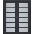 Sliding French Double Pocket Doors | Veregio 7602 Antracite with Frosted Glass | Kit Trims Rail Hardware | Solid Wood Interior Bedroom Sturdy Doors Antracite