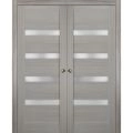 French Double Pocket Doors 36 x 84 with Frames | Quadro 4113 Matte Black with Frosted Opaque Glass | Kit Trims Rail Hardware | Solid Wood Interior Pantry Kitchen Bedroom Sliding Closet Sturdy Door Ginger Ash