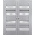 Sliding French Double Pocket Doors | Veregio 7455 Antracite with Frosted Glass | Kit Trims Rail Hardware | Solid Wood Interior Bedroom Sturdy Doors Matte Grey