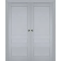 Sliding French Double Pocket Doors | Veregio 7411 Oliva | Kit Trims Rail Hardware | Solid Wood Interior Bedroom Sturdy Doors Matte Grey