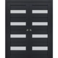 Sliding French Double Pocket Doors | Veregio 7455 Antracite with Frosted Glass | Kit Trims Rail Hardware | Solid Wood Interior Bedroom Sturdy Doors Antracite