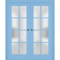 Sliding French Double Pocket Doors | Veregio 7412 Aquamarine with Frosted Glass | Kit Trims Rail Hardware | Solid Wood Interior Bedroom Sturdy Doors Aquamarine