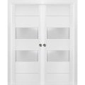 Sliding French Double Pocket Doors 2 lites | Lucia 4010 White Silk with Frosted Glass | Kit Trims Rail Hardware | Solid Wood Interior Bedroom Sturdy Doors White