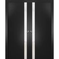 Sliding French Double Pocket Doors | Planum 0040 Matte Black with White Glass | Kit Trims Rail Hardware | Solid Wood Interior Bedroom Sturdy Doors Black Matte