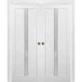 French Double Pocket Doors | Quadro 4112 White Silk with Frosted Glass | Kit Trims Rail Hardware | Solid Wood Interior Pantry Kitchen Bedroom Sliding Closet Sturdy Door White