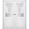 Sliding French Double Pocket Doors | Veregio 7339 Matte Grey with Frosted Glass | Kit Trims Rail Hardware | Solid Wood Interior Bedroom Sturdy Doors White
