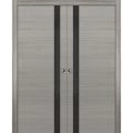 Sliding French Double Pocket Doors | Planum 0040 Matte Black with White Glass | Kit Trims Rail Hardware | Solid Wood Interior Bedroom Sturdy Doors Grey Oak