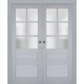 Sliding French Double Pocket Doors | Veregio 7339 Matte Grey with Frosted Glass | Kit Trims Rail Hardware | Solid Wood Interior Bedroom Sturdy Doors Matte Grey