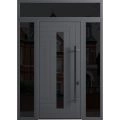 Front Exterior Prehung Steel Door / Ronex 0130 Grey 96" / 2 Sidelight and Transom Window Sidelite / Entry Metal Modern Painted W12+36+12" x H96+16" Left hand Inswing Gray