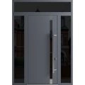 Front Exterior Prehung Steel Door / Ronex 1011 Grey 96" / 2 Sidelight and Transom Window Sidelite / Stainless Inserts Entry Metal Modern Painted W12+36+12" x H96+16" Left hand Inswing Gray