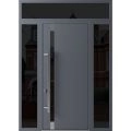 Front Exterior Prehung Steel Door / Ronex 1011 Grey 96" / 2 Sidelight and Transom Window Sidelite / Stainless Inserts Entry Metal Modern Painted W14+36+14" x H96+16" Right hand Inswing Gray