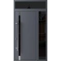 Front Exterior Prehung Steel Door / Ronex 1011 Grey / Sidelight and Transom Window Sidelite / Stainless Inserts Entry Metal Modern Painted W36+12" x H80+16" Right hand Inswing Gray