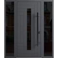 Front Exterior Prehung Steel Door / Ronex 0130 Grey / 2 Sidelight Exterior Windows Sidelites/ Entry Metal Modern Painted W14+36+14" x H80" Left hand Inswing Gray