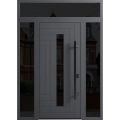 Front Exterior Prehung Steel Door / Ronex 0130 Grey / 2 Sidelight and Transom Window Sidelite / Entry Metal Modern Painted W12+36+12" x H80+16" Left hand Inswing Gray