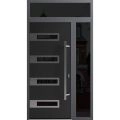 Front Exterior Prehung Steel Door / Ronex 0131 Black Enamel / Sidelight and Transom Window Sidelite / Stainless Inserts Entry Metal Modern Painted W36+12" x H80+16" Left hand Inswing Black