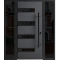 Front Exterior Prehung Steel Door / Ronex 0131 Grey / 2 Sidelight Exterior Windows Sidelites/ Entry Metal Modern Painted W16+36+16" x H80" Left hand Inswing Gray