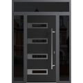 Front Exterior Prehung Steel Door / Ronex 0131 Grey / 2 Sidelight and Transom Window Sidelite / Entry Metal Modern Painted W12+36+12" x H80+16" Left hand Inswing Black