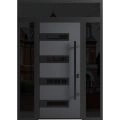 Front Exterior Prehung Steel Door / Ronex 0131 Grey / 2 Sidelight and Transom Window Sidelite / Entry Metal Modern Painted W12+36+12" x H80+16" Left hand Inswing Gray
