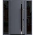 Front Exterior Prehung Steel Door / Ronex 1011 Grey / 2 Sidelight Exterior Windows Sidelites/ Stainless Inserts Entry Metal Modern Painted W14+36+14" x H80" Left hand Inswing Gray