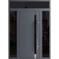 Front Exterior Prehung Steel Door / Ronex 1011 Grey / 2 Sidelight and Transom Window Sidelite / Stainless Inserts Entry Metal Modern Painted W14+36+14" x H80+16" Left hand Inswing Gray