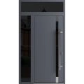 Front Exterior Prehung Steel Door / Ronex 1011 Grey / Sidelight and Transom Window Sidelite / Stainless Inserts Entry Metal Modern Painted W36+12" x H80+16" Left hand Inswing Gray