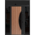 Front Exterior Prehung Steel Door / Ronex 1077 Teak / 2 Sidelight and Transom Window Sidelite / Entry Metal Modern Painted W16+36+16" x H80+16" Left hand Inswing Teak