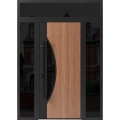 Front Exterior Prehung Steel Door / Ronex 1077 Teak / 2 Sidelight and Transom Window Sidelite / Entry Metal Modern Painted W12+36+12" x H80+16" Right hand Inswing Teak