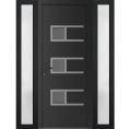 Front Exterior Prehung Metal-Plastic Door | Manux 8933 Walnut | 2 Side Sidelite Transoms | Office Commercial and Residential Doors Entrance Patio Garage 56" x 80" (W12+32+12" x H80") Right hand Inswing Black Matte
